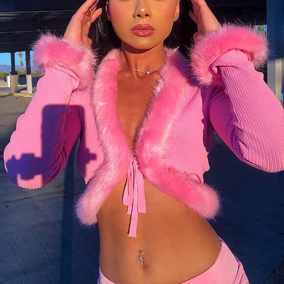 Luxury Inspired Women's Lightweight Cardigan with Fur Trim - All-Season Wear - Picture 2 of 2